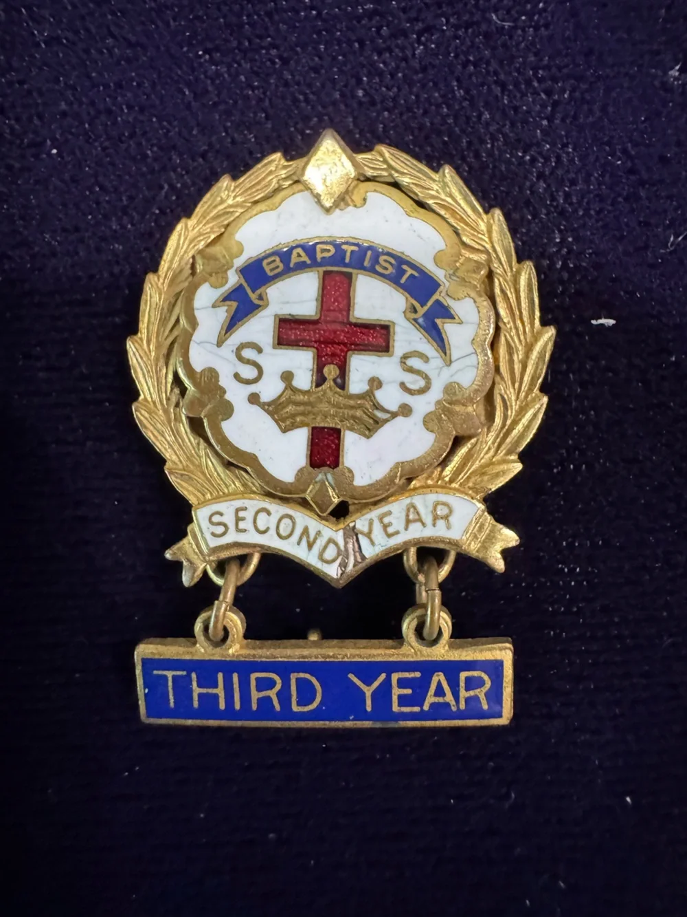 Vintage Third Year & Second Year Enamel School Badges - Blue, White, Gold